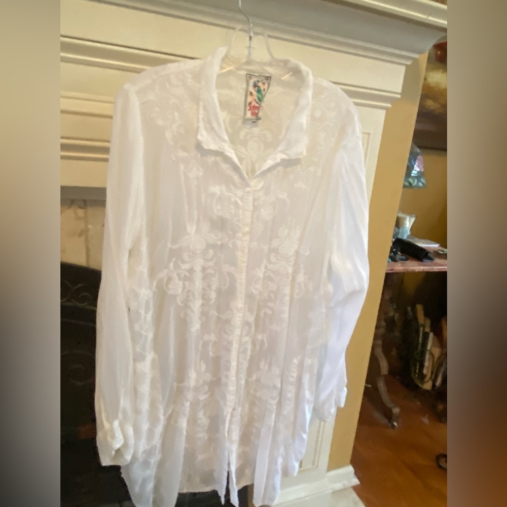 Johnny Was white XL cupra rayon floral stitched top.